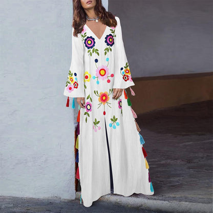 White Floral Print Split Front Boho Long Dresses