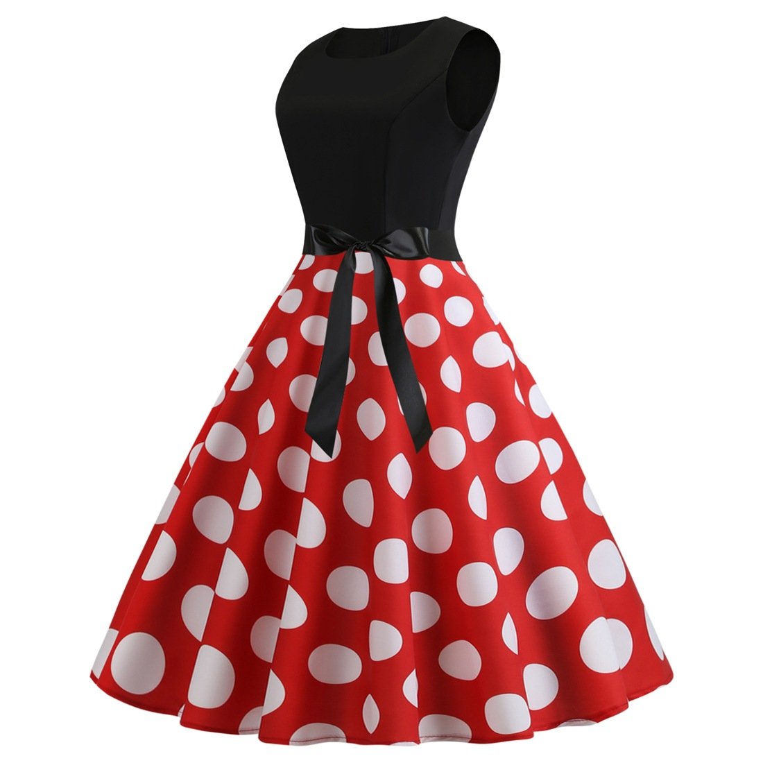 Red Plus Sizes Round Neck Polk Dot Dresses-STYLEGOING