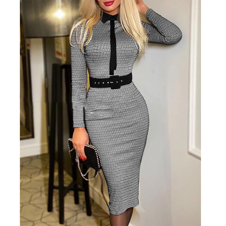 Sexy Long Sleeves Midi Length Dresses with Belt