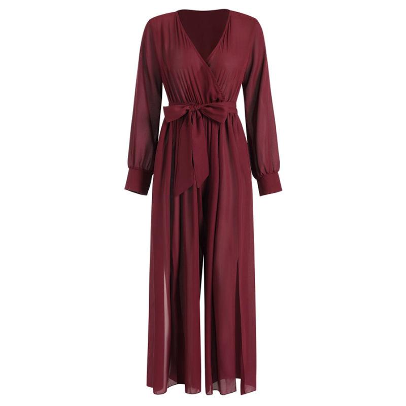 Sexy Long Sleeves V Neck Chiffon Split Long Jumpsuits