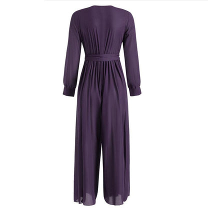 Sexy Long Sleeves V Neck Chiffon Split Long Jumpsuits