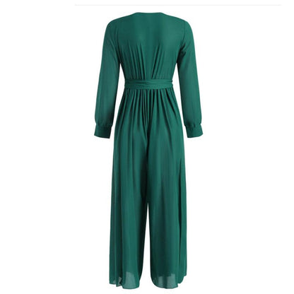 Sexy Long Sleeves V Neck Chiffon Split Long Jumpsuits