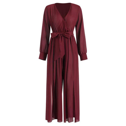 Sexy Long Sleeves V Neck Chiffon Split Long Jumpsuits