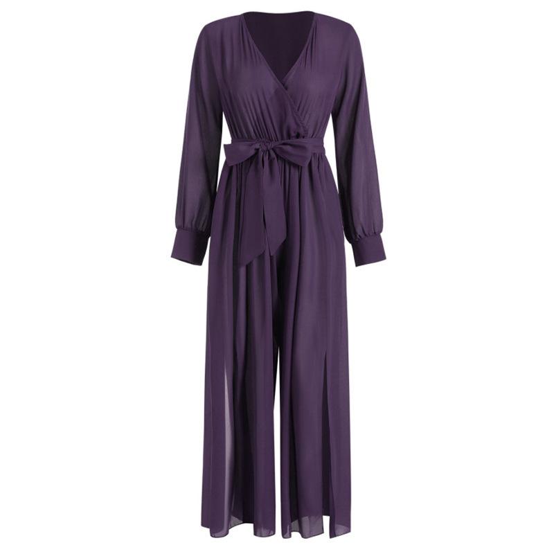Sexy Long Sleeves V Neck Chiffon Split Long Jumpsuits