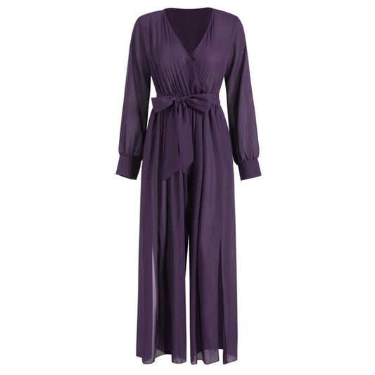 Sexy Long Sleeves V Neck Chiffon Split Long Jumpsuits