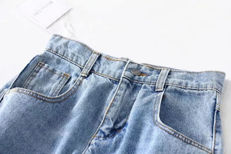 Women Broken Holes High Waist Loose Jeans