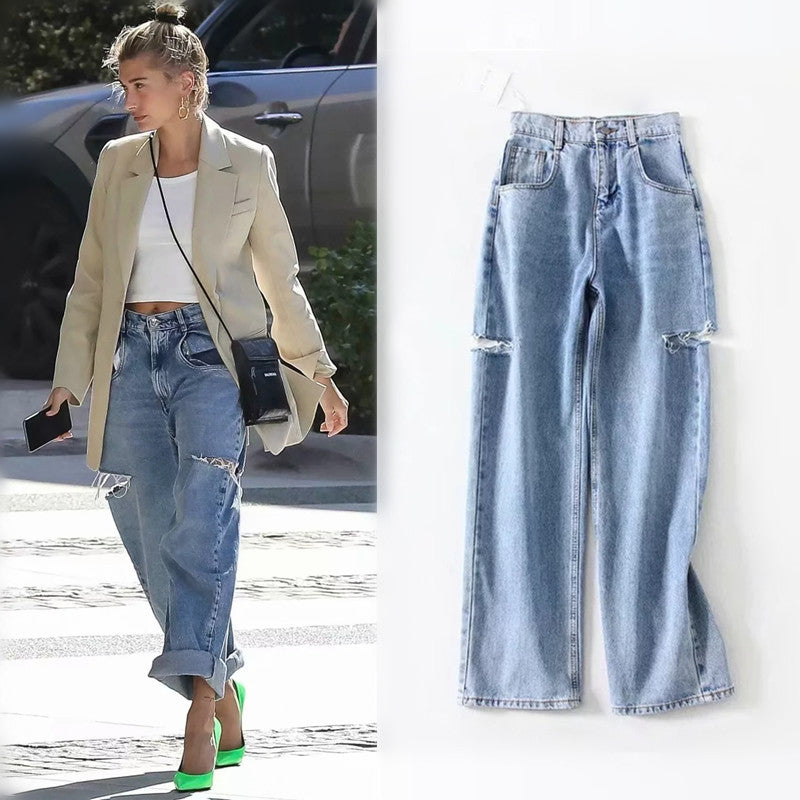 Women Broken Holes High Waist Loose Jeans