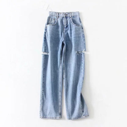 Women Broken Holes High Waist Loose Jeans