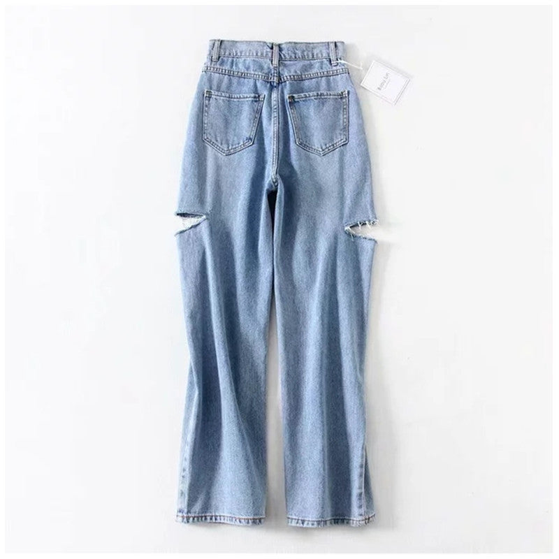 Women Broken Holes High Waist Loose Jeans