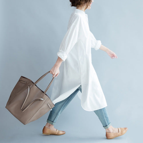 White Round Neck Long Shirt Dresses