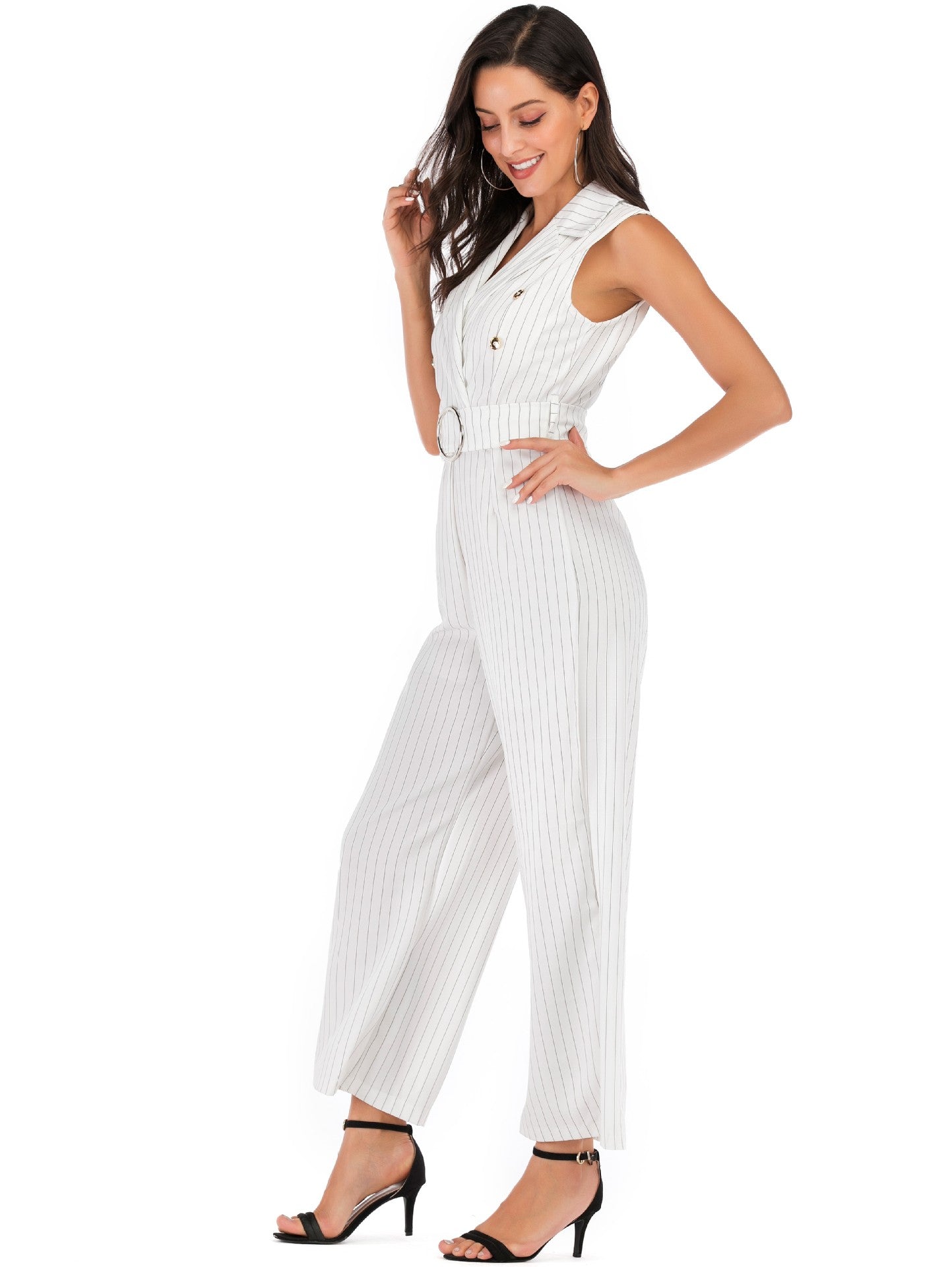White Sleeveless Blazer Summer Jumpsuits with Belt