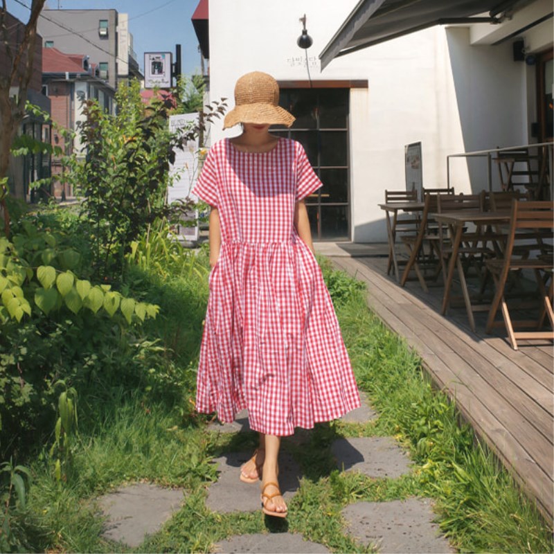 Casual Short Sleeves Ruffled Plaid Plus Sizes Midi Dresses