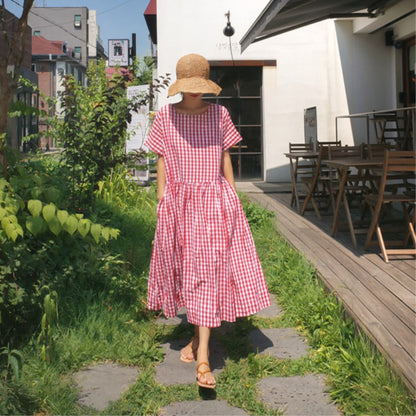 Casual Short Sleeves Ruffled Plaid Plus Sizes Midi Dresses