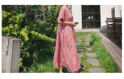 Casual Short Sleeves Ruffled Plaid Plus Sizes Midi Dresses