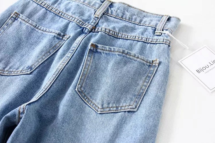 Women Broken Holes High Waist Loose Jeans