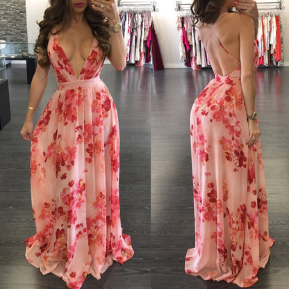 Summer Chiffon Deep V Neck Long Dresses