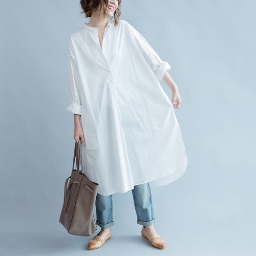 White Round Neck Long Shirt Dresses