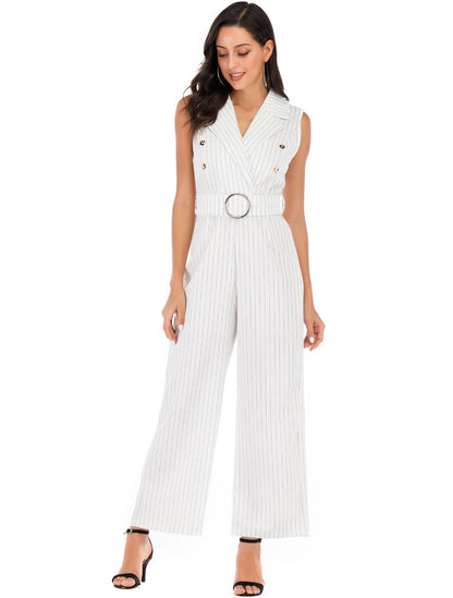 White Sleeveless Blazer Summer Jumpsuits with Belt