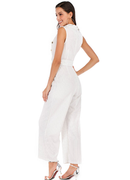 White Sleeveless Blazer Summer Jumpsuits with Belt
