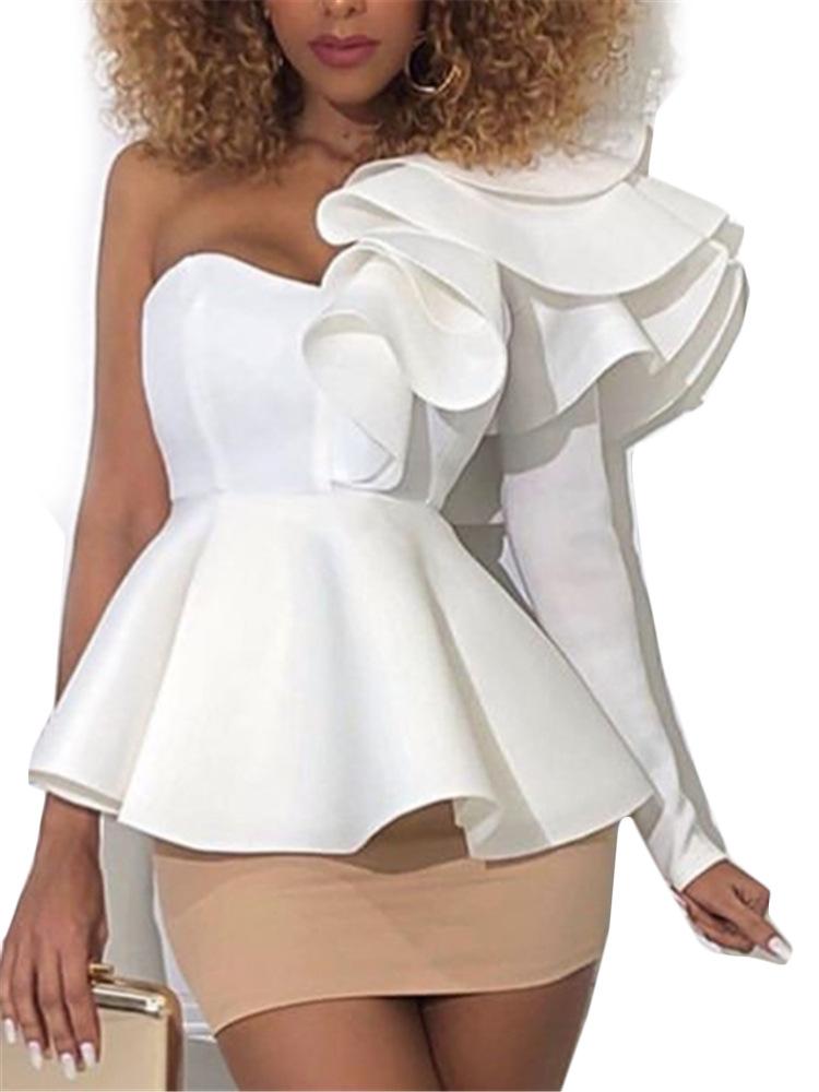 Women One Shoulder Long Sleeves Blouses-STYLEGOING