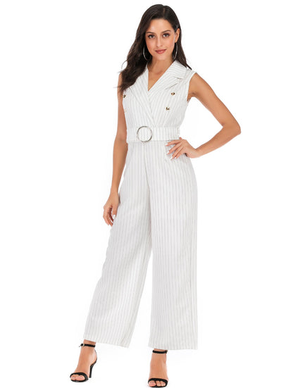 White Sleeveless Blazer Summer Jumpsuits with Belt