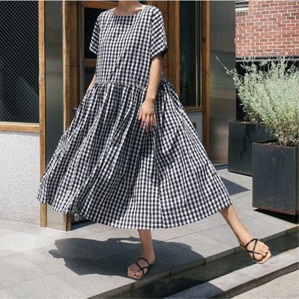 Casual Short Sleeves Ruffled Plaid Plus Sizes Midi Dresses