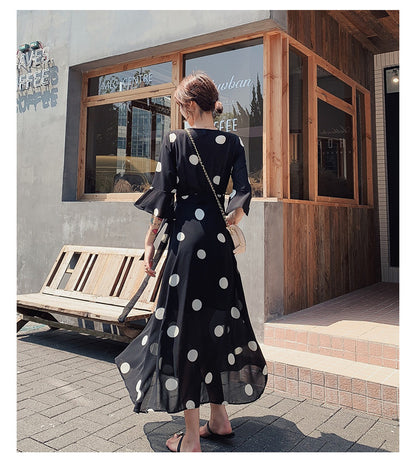 Black Dot Chiffon Summer Women Long Dress