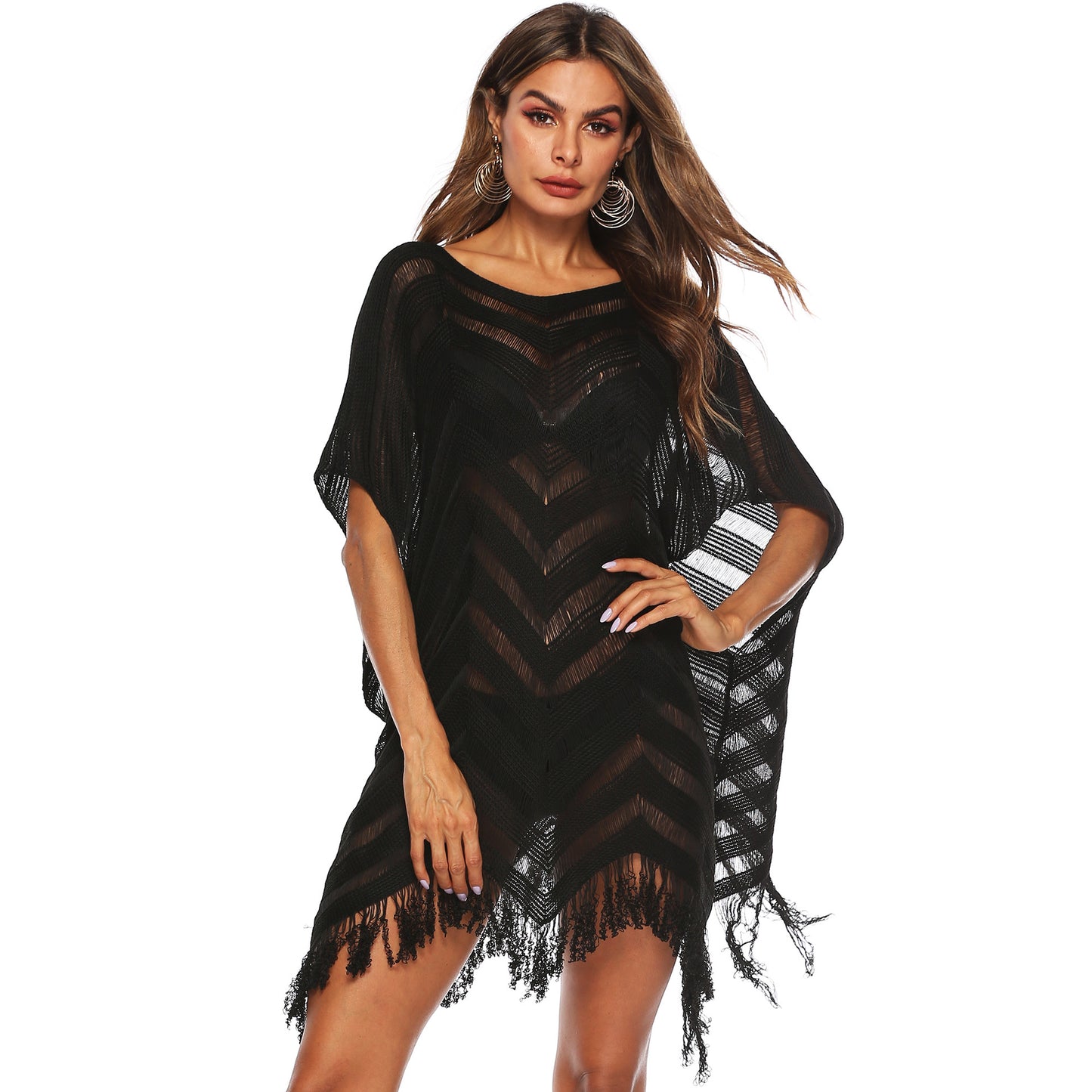 Black Off The Shoulder Tassels Summer Beach Cover Ups