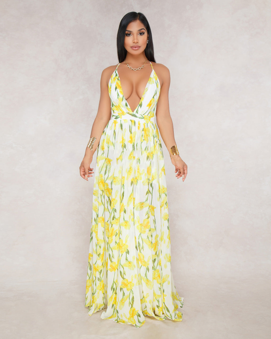 Summer Chiffon Deep V Neck Long Dresses