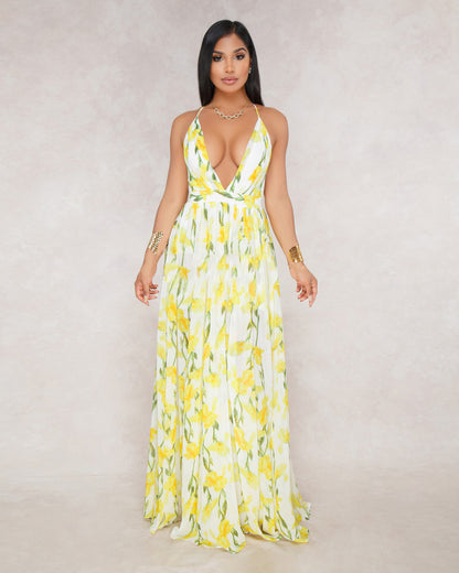 Summer Chiffon Deep V Neck Long Dresses