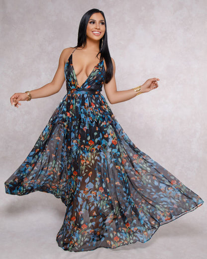 Summer Chiffon Deep V Neck Long Dresses