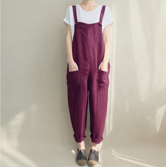 Women Plus Sizes Leisure Linen Rompers-STYLEGOING