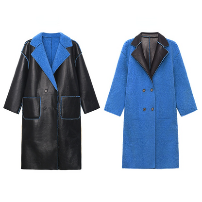 Reversible Leather Fur Thicken Winter Blazer Long Overcoat