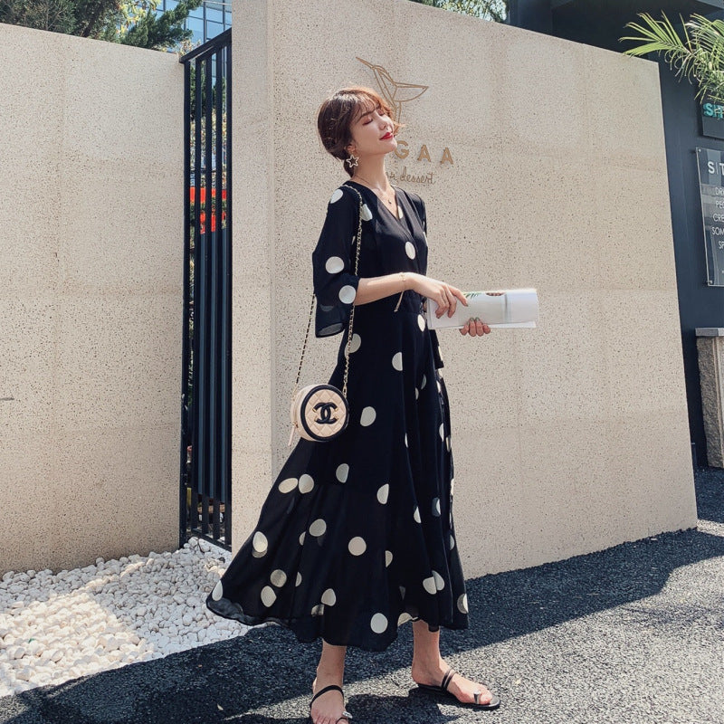 Black Dot Chiffon Summer Women Long Dress