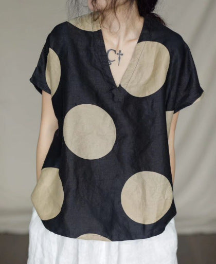 Vintage Linen Dot Print Short Sleeves Blouses for Women