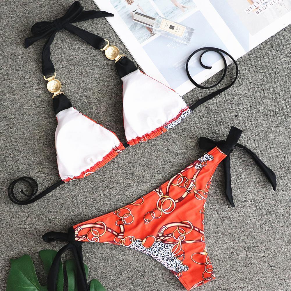Orange Floral Metal Design Beach Halter Bikini-STYLEGOING