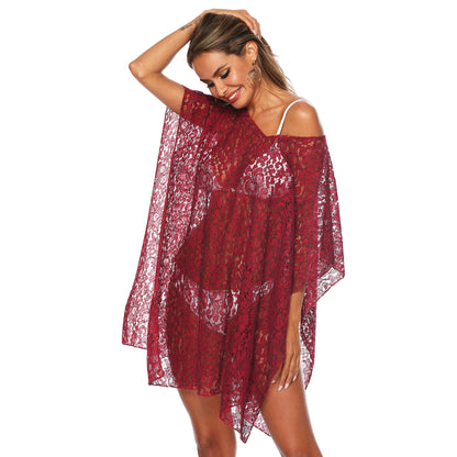 Wine Red Lace See Through Summer Beach Cover Ups