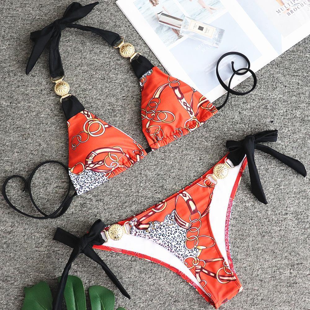 Orange Floral Metal Design Beach Halter Bikini-STYLEGOING