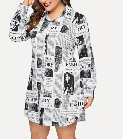 Women Newspaper Print Plus Sizes Short Shirt Dresses--Free Shipping at meselling99