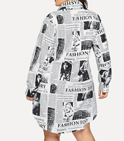 Women Newspaper Print Plus Sizes Short Shirt Dresses--Free Shipping at meselling99