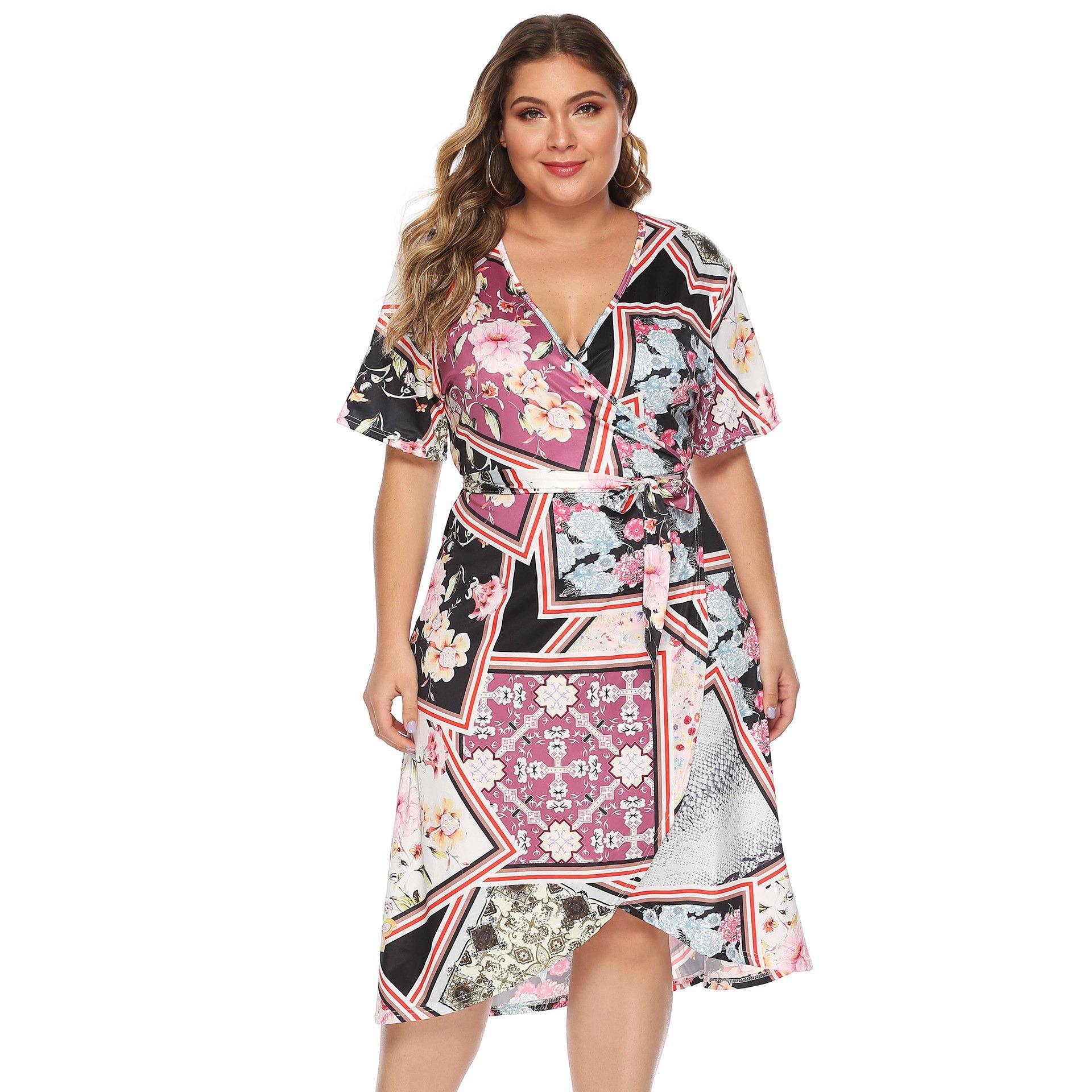 Women Plus Sizes Floral Print Summer Dresses-STYLEGOING