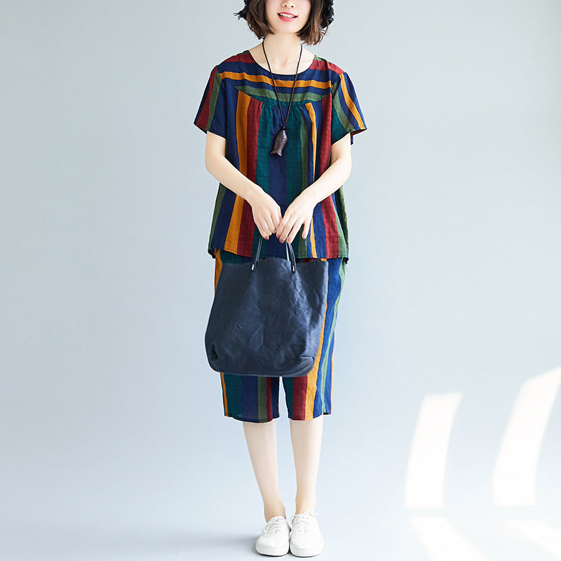 Summer Casual Striped Linen Top Blouses and Short Pants Sets