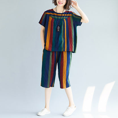 Summer Casual Striped Linen Top Blouses and Short Pants Sets