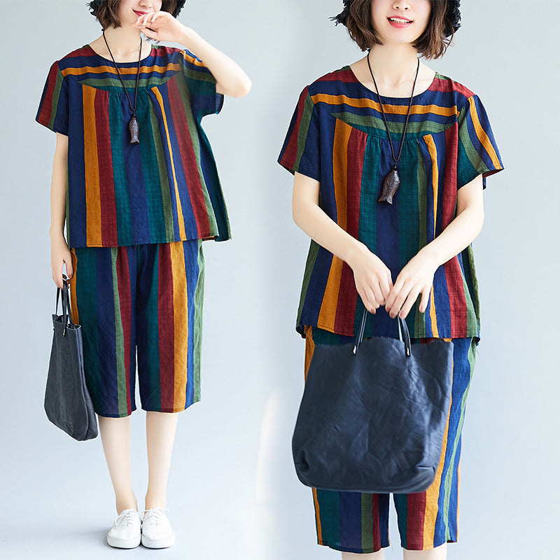 Summer Casual Striped Linen Top Blouses and Short Pants Sets