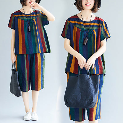 Summer Casual Striped Linen Top Blouses and Short Pants Sets