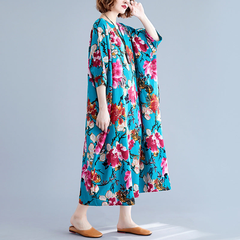Ethnic Floral Print Plus Sizes Linen Dresses