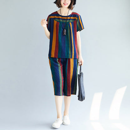 Summer Casual Striped Linen Top Blouses and Short Pants Sets
