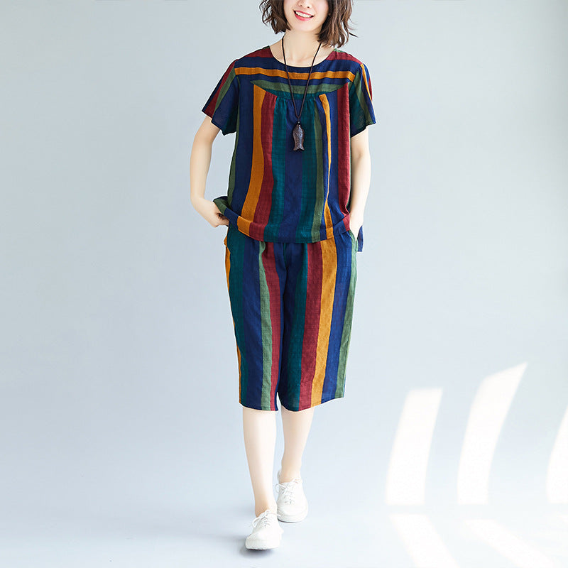 Summer Casual Striped Linen Top Blouses and Short Pants Sets