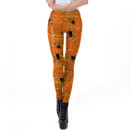 Halloween Pumpkin/Human Skeleton Print Elastic Leggings