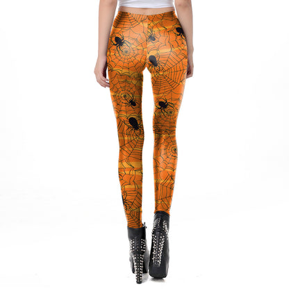 Halloween Pumpkin/Human Skeleton Print Elastic Leggings